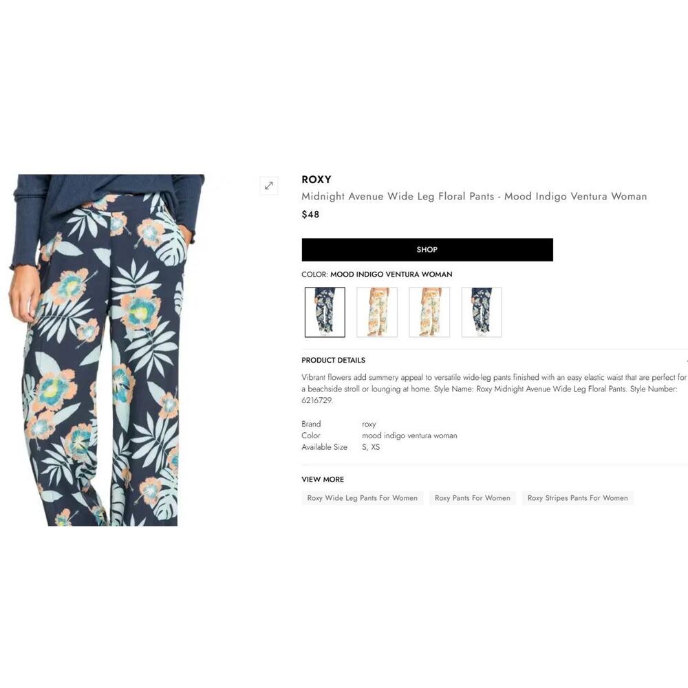 ROXY Midnight Avenue Wide Leg Floral pants - mood indigo ventura Tropical XS - Picture 2 of 7